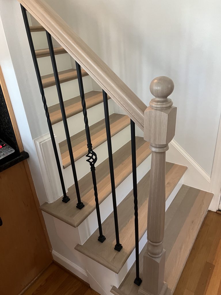 New White Oak Treads and Handrail Custom Stain Mix to Match New Floors Upstairs